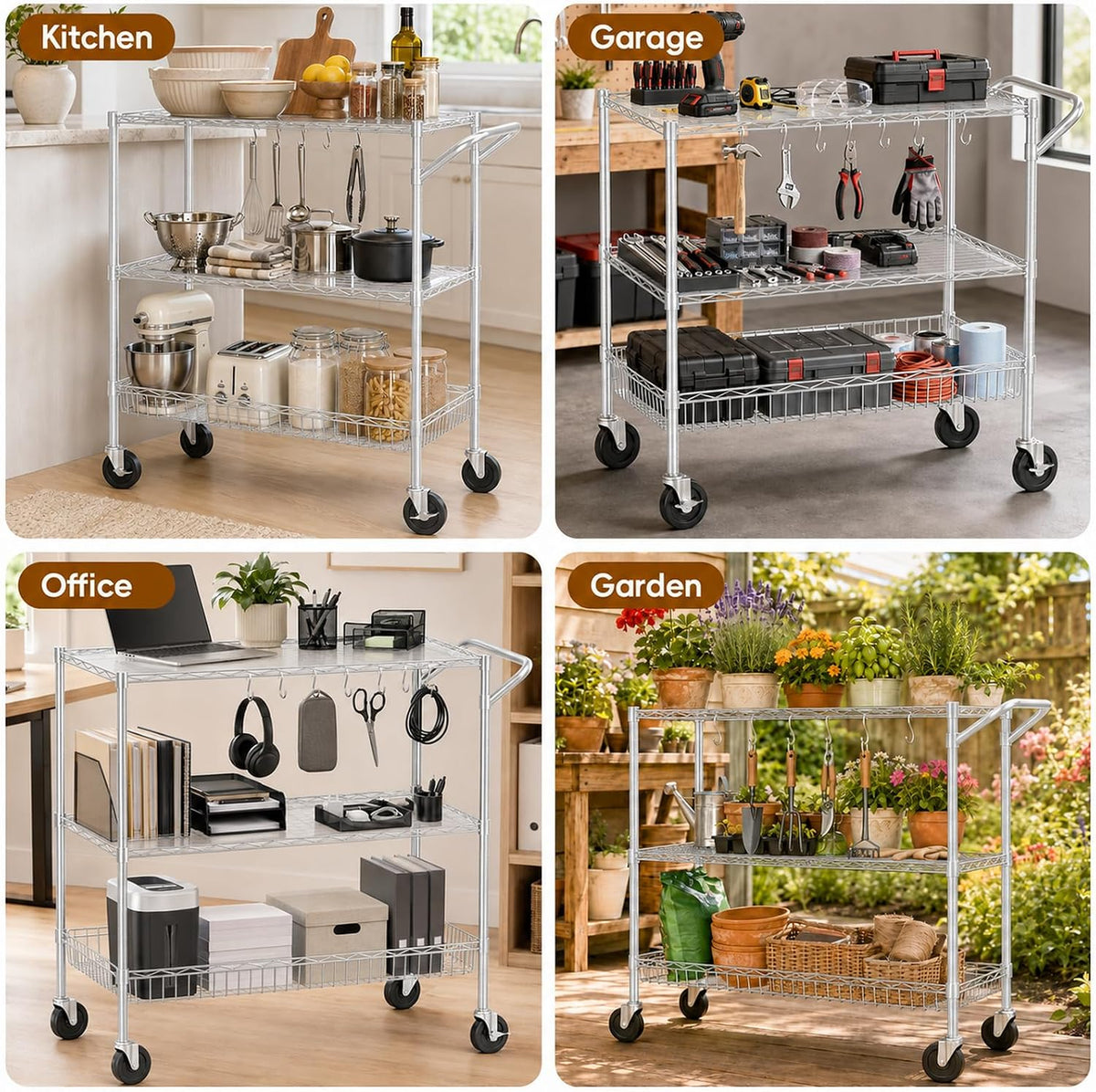 3-Tier Kitchen Storage Cart with Wheels, Rolling Utility Cart