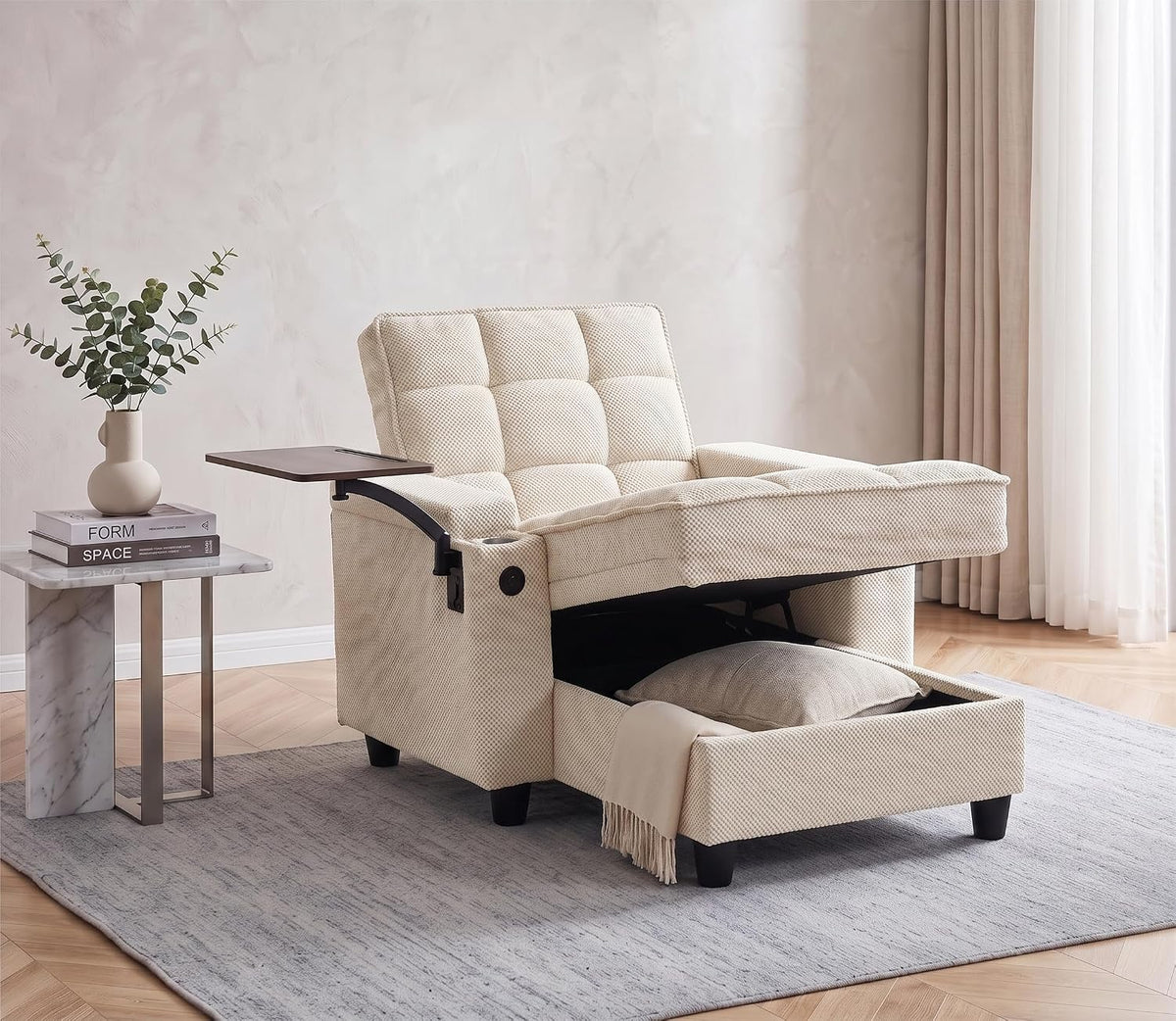 NicBex Sleeper Sofa Chair Bed with USB Port & Cup Holder &Side Table, Beige