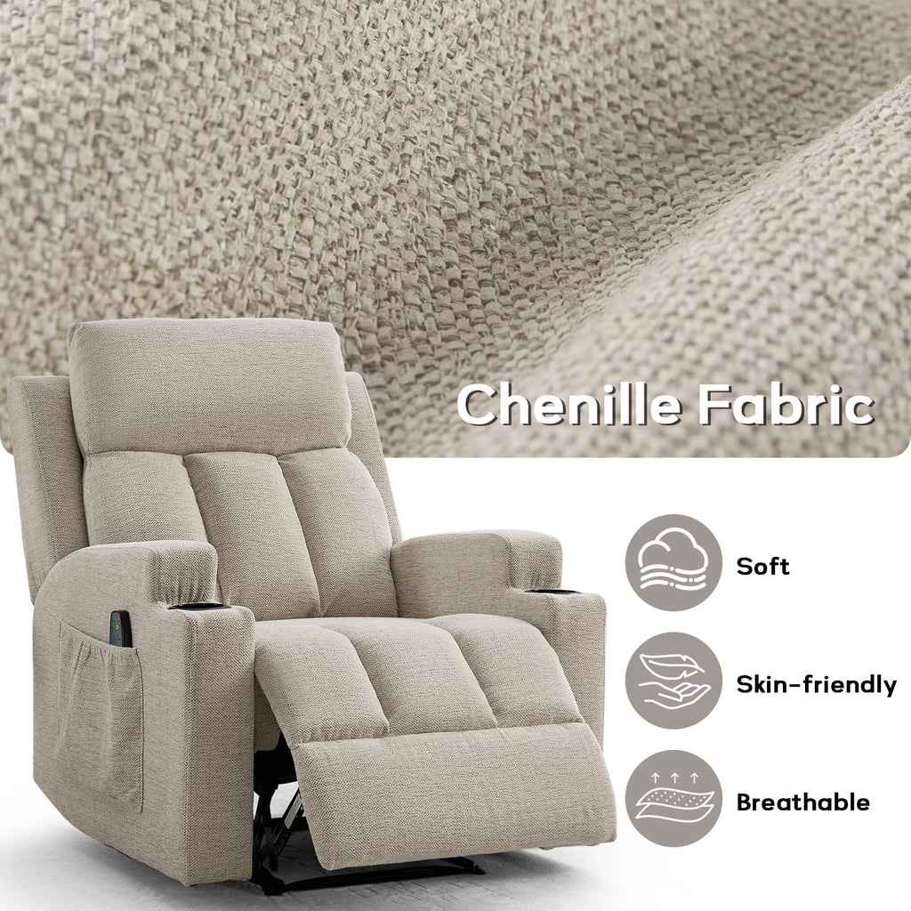CANMOV Manual Recliner Chair with Massage and Heat, Soft Fabric Recliner Chair with Overstuffed Arm and Back, Manual Reclining Single Sofa with 2 Cup Holders, Side Pocket for Living Room, Dark Grey
