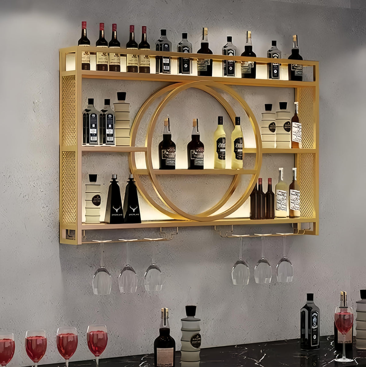 39" Upgrade Metal Wall Mounted Wine Rack, 3-Tier Large Capacity Hanging Bar Shelf, Modern Liquor Wall Shelves for Home & Dining, Gold