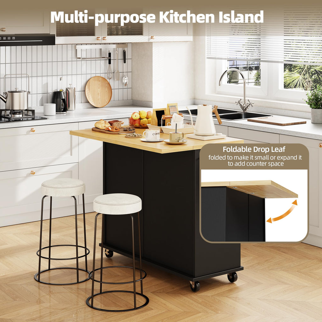 SUNLEI Kitchen Island with Storage, Kitchen Island on Wheels with Drop Leaf, Rolling Kitchen Island Cart with Cabinet and Drawers, Mobile Kitchen Storage Cart for Dining Room, White