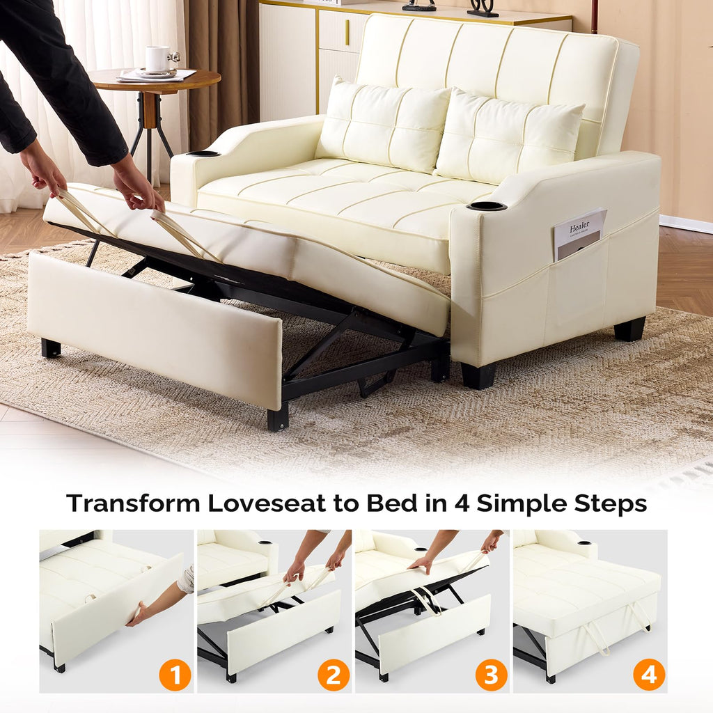 VINGLI Light Grey Futon Sofa Bed Convertible Loveseat Sleeper Couch, Faux Leather Pullout Sofa Fold Out Couch Bed with USB Ports, Cup Holders, Armrest for Living Room, Bedroom Apartment Room
