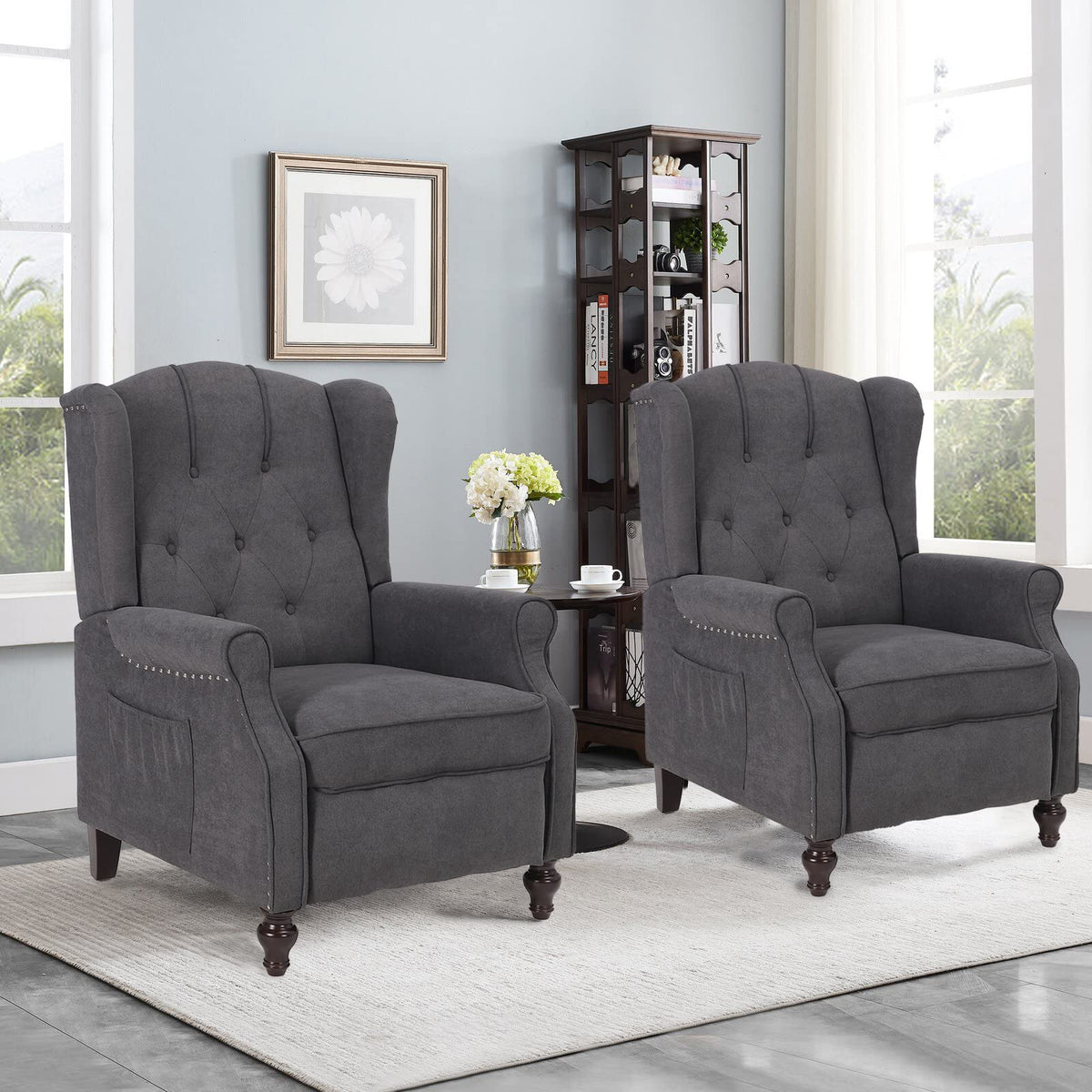 IPKIG Wingback Pushback Recliner Chair - Mid Century Recliner Armchair with Massage and Heat, Rivet Decoration, Button-Tufted Back, Solid Wood Legs for Living Room, Bedroom, Office(Beige)