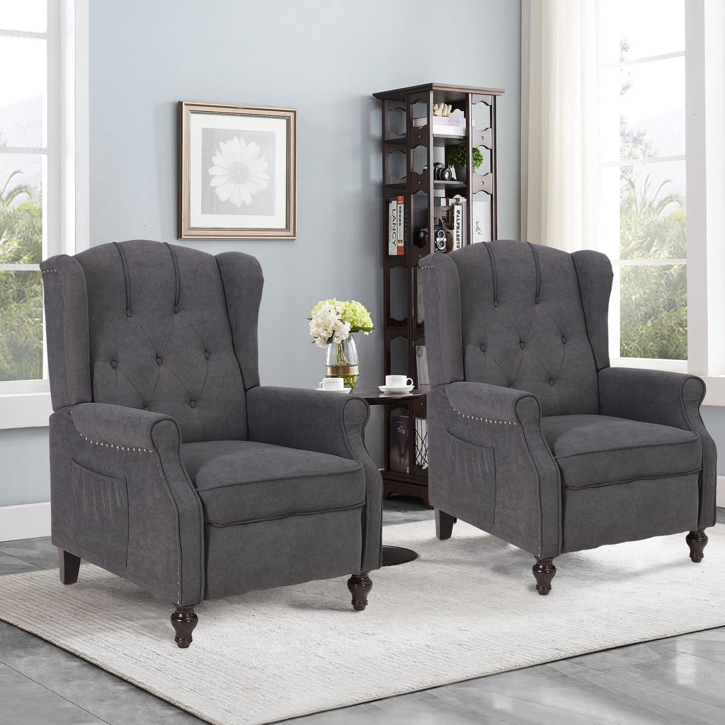 IPKIG Wingback Pushback Recliner Chair - Mid Century Recliner Armchair with Massage and Heat, Rivet Decoration, Button-Tufted Back, Solid Wood Legs for Living Room, Bedroom, Office(Beige)