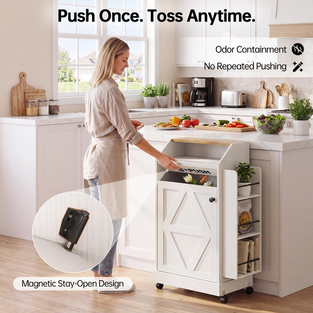 YESHOMY Kitchen Island on Wheels with Trash Cabinet, White & Brown