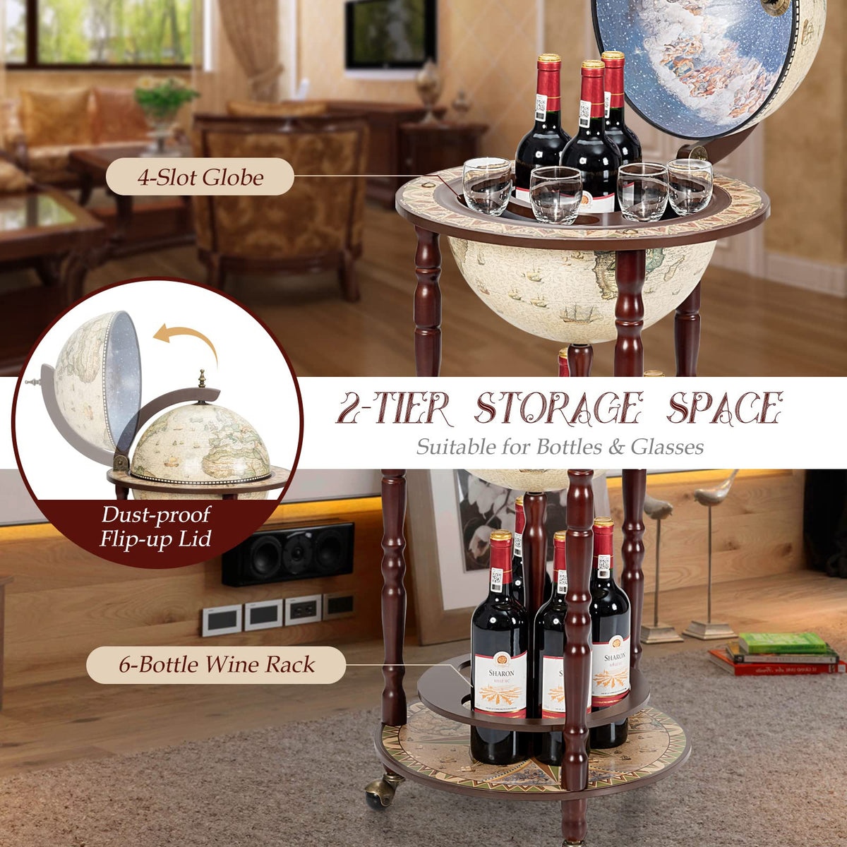 HAPPYGRILL Globe Bar, 17.5â Wine Bar Stand Italian Wooden Globe Wine Cart Liquor Bottle Shelf, 16th Century Retro Wine Cupboard with Wheels for Dining Room Living Room, Retro Brown
