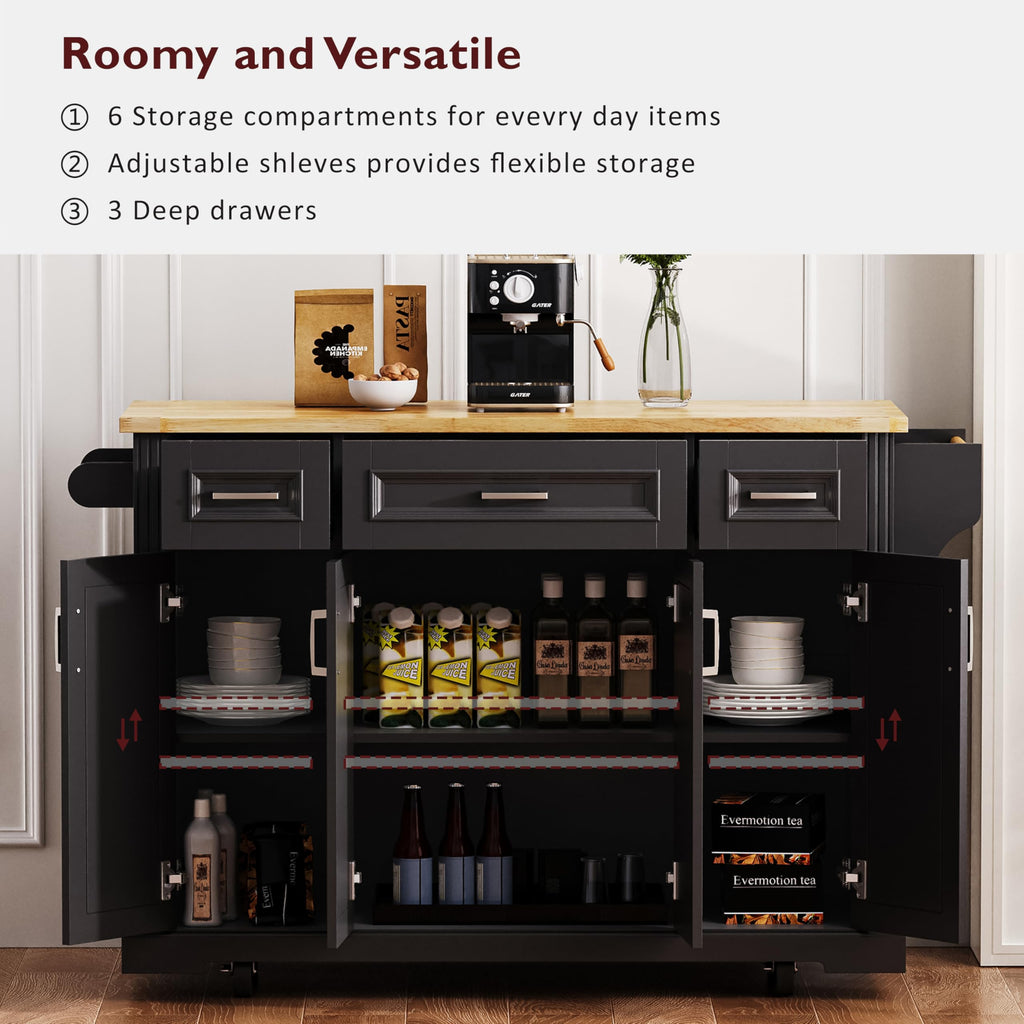 53" Large Kitchen Island with Drop Leaf & Power Outlet, Rolling Kitchen Cart on 5 Wheels with Internal Door Storage Rack, 5 Open Side Racks, 3 Drawers, 2 Doors for Kitchen Dining Room