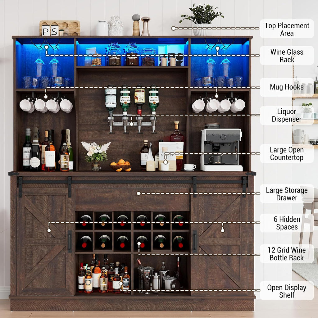 Farmhouse Coffee Bar Cabinet with LED Light, Charging Station, Brown