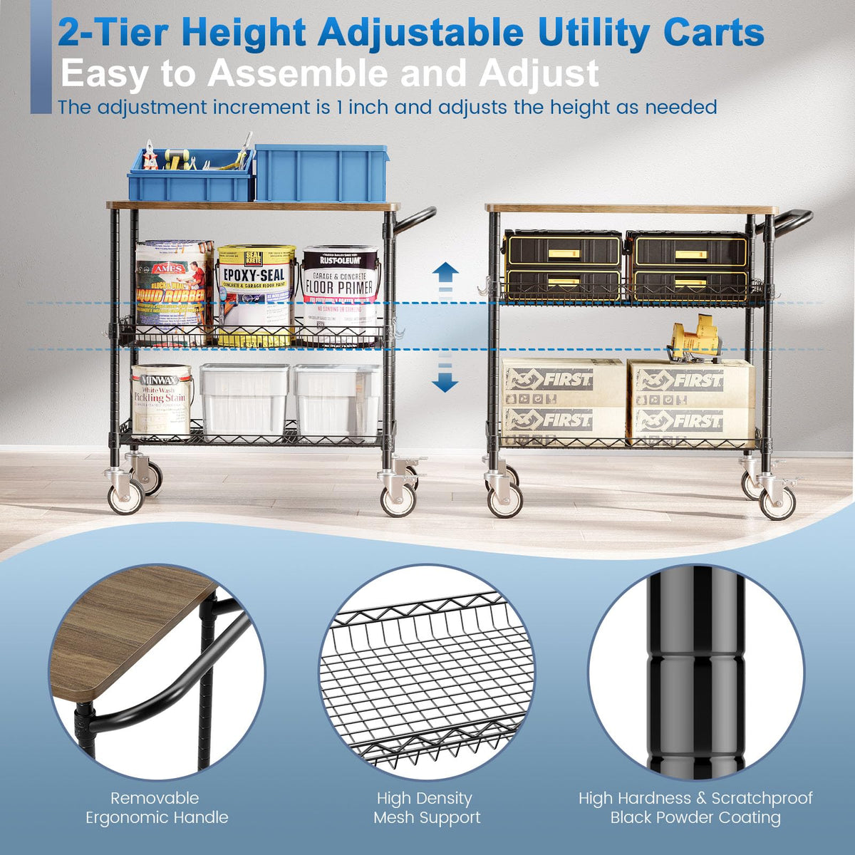 Leteuke 3 Tier Rolling Carts with Wheels, Heavy Duty Rolling Utility Cart