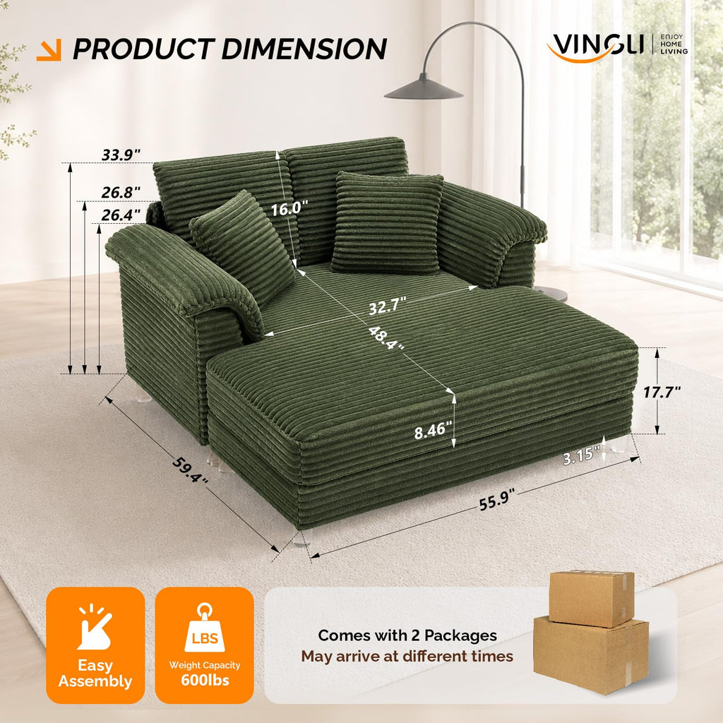 VINGLI 56" Wide Oversized Chaise Lounge Chair with Plush Padded Armrests