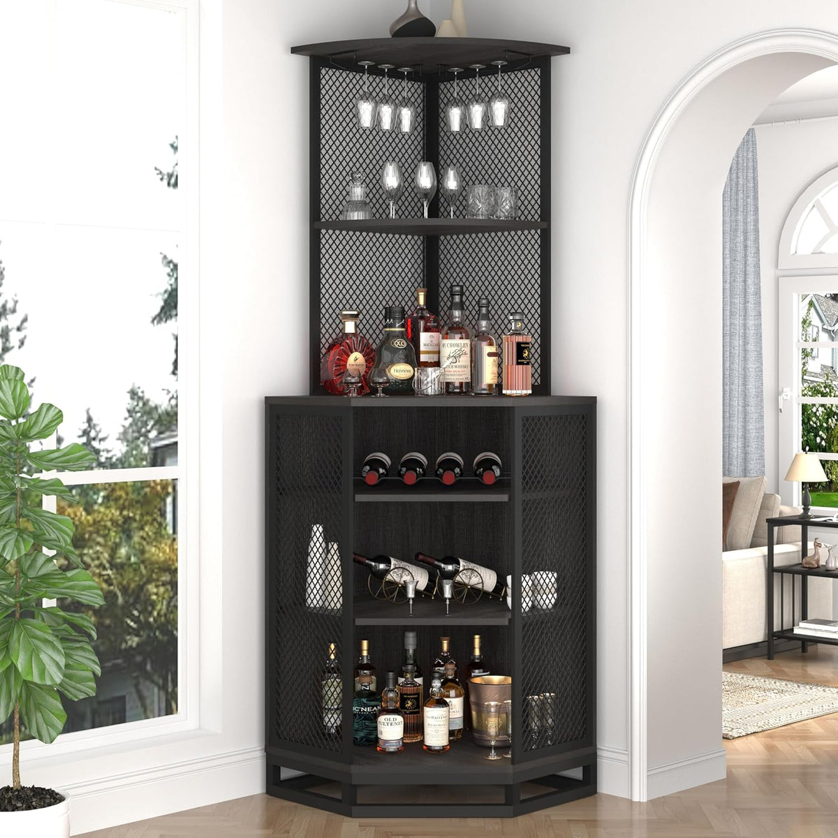 IBF 71 Inch Dark Grey Farmhouse Tall Corner Bar Cabinet with Glass Holder