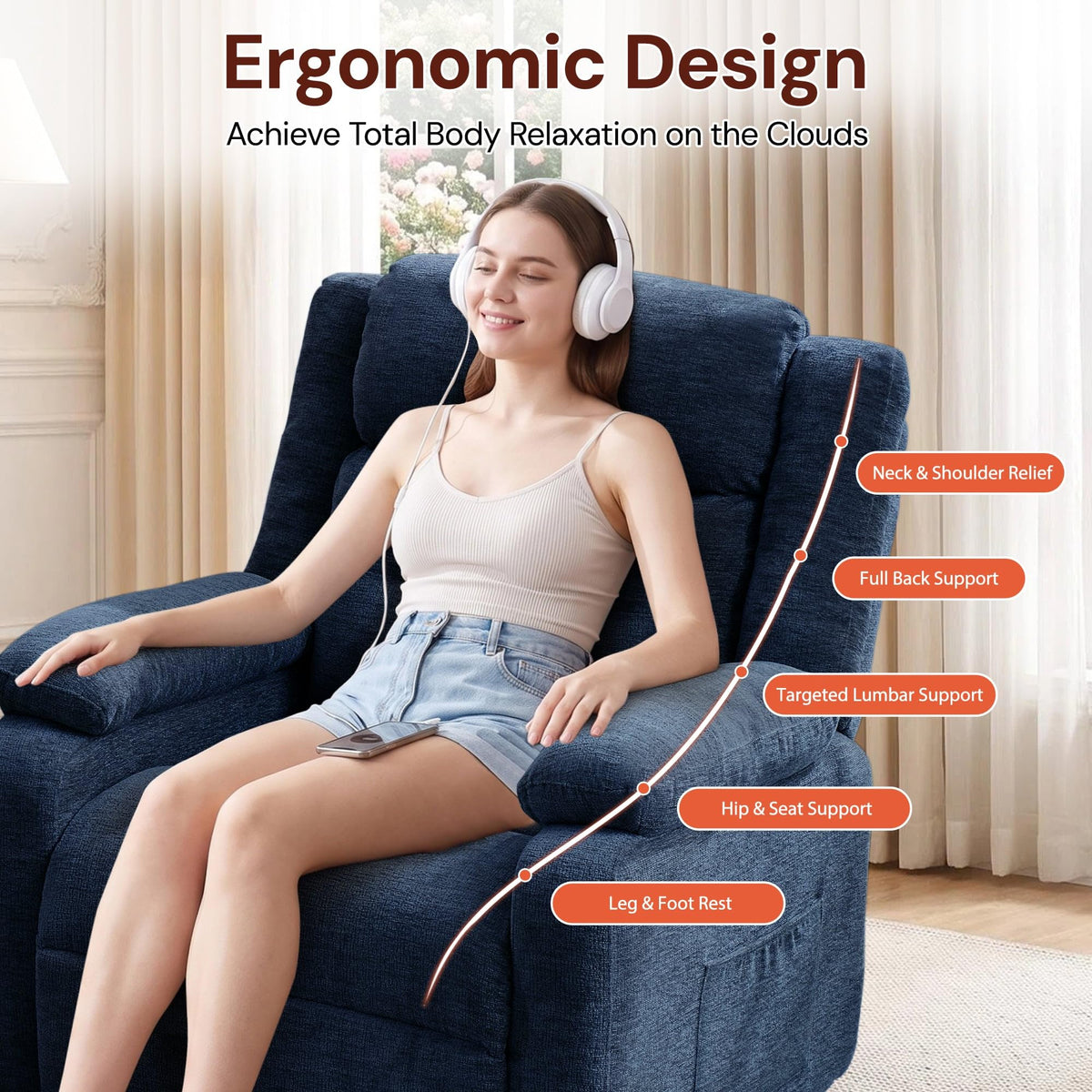 Korser Power Recliner Chair for Adults, Oversized Electric Recliner with Thickened Cushions, Reclining Chair for Bedroom, Living Room Chairs with Side Pockets, Chenille