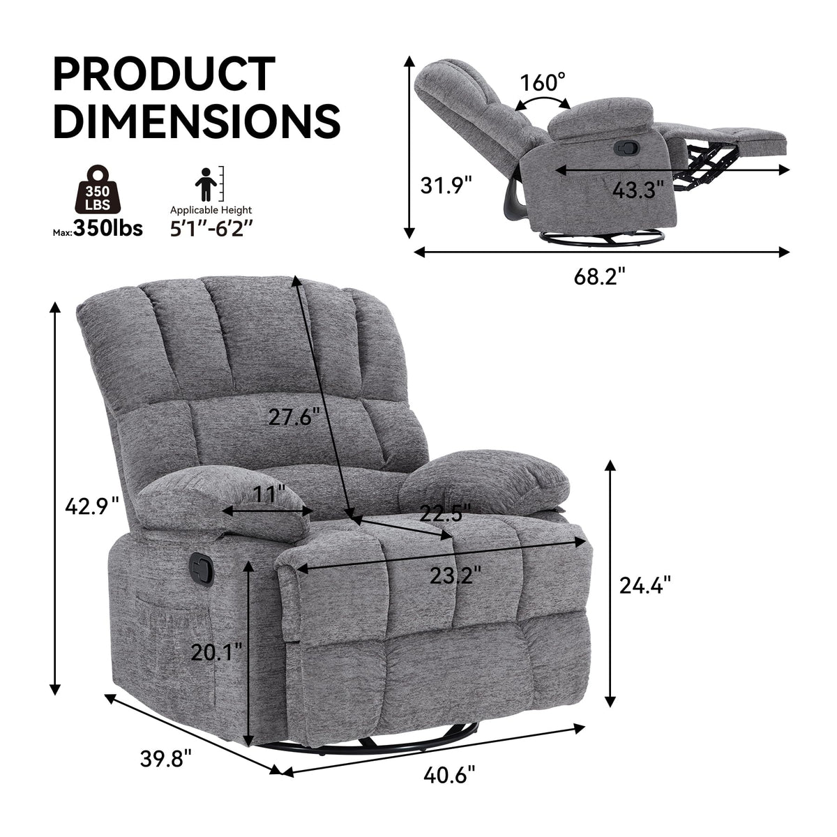 WILLOVE 41" Oversized Rocker Recliner Chair, Rocking Recliners Overstuffed Soft Big Man Manual Recliner, Extra Large Chenille Living Room Chair 350 LBS Capacity, Grey, L