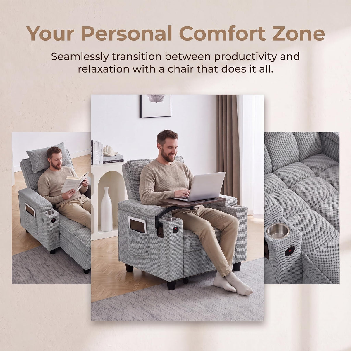 NicBex Sleeper Sofa Chair Bed with USB Port & Cup Holder &Side Table, Beige