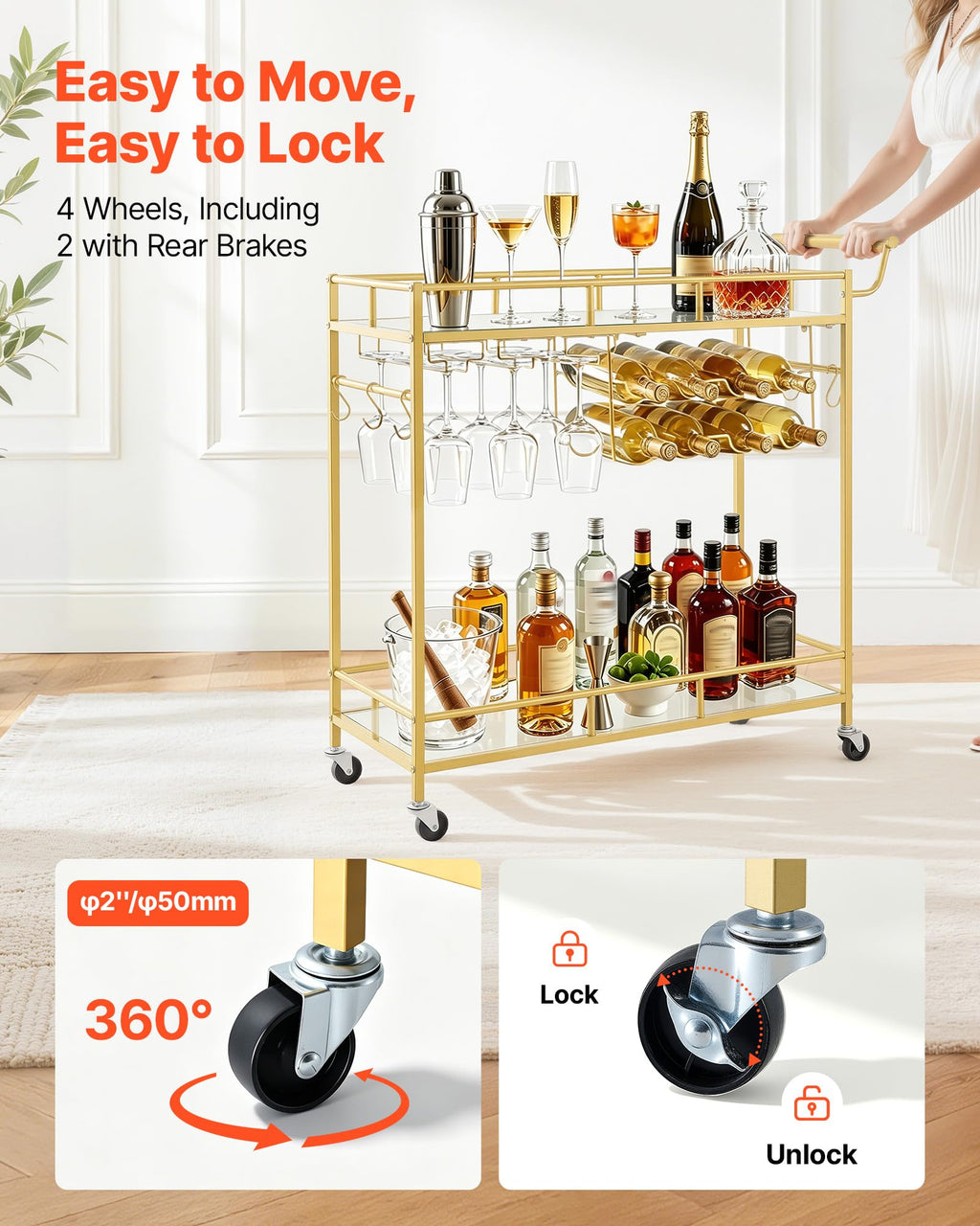VEVOR Bar Cart, 3 Tiers Home Kitchen Serving Carts, Modern Rolling Utility Station on Wheels, Drink Beverage Trolley with Tempered Glass Shelves, Wine Rack, Glass Holder, for Living Dining Room, Gold
