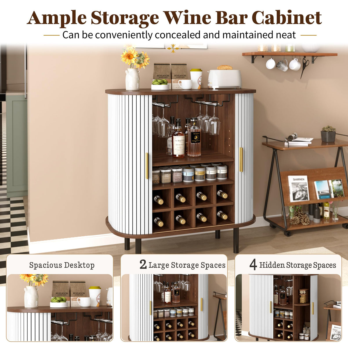 28" Fluted Wine Bar Cabinet with Storage, Modern Liquor Cabinets, Walnut
