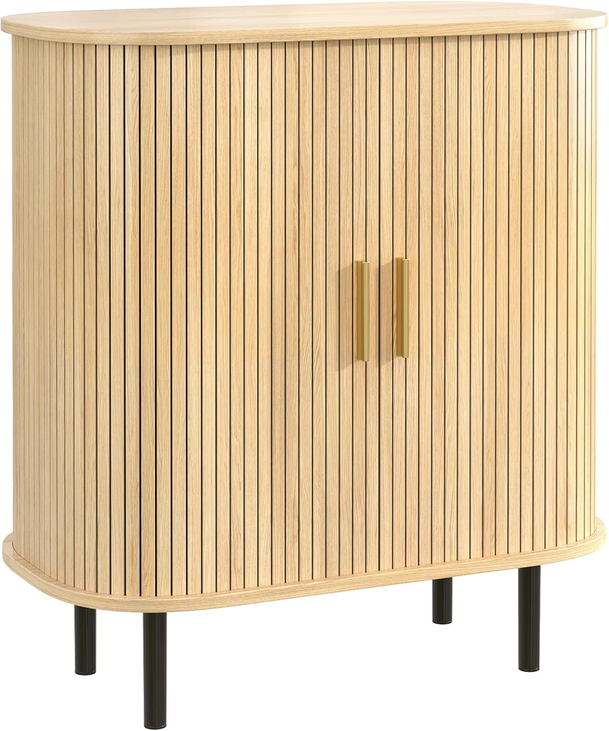 Natural Wine & Coffee Bar Cabinet with Gold Handle & Sliding Tambour Doors,Modern Curved Liquor Cabinet Coffee Station with 8*Wine Rack & 2*Glass Holders,5-Level Adjustable Shelf & Side Hidden Storage