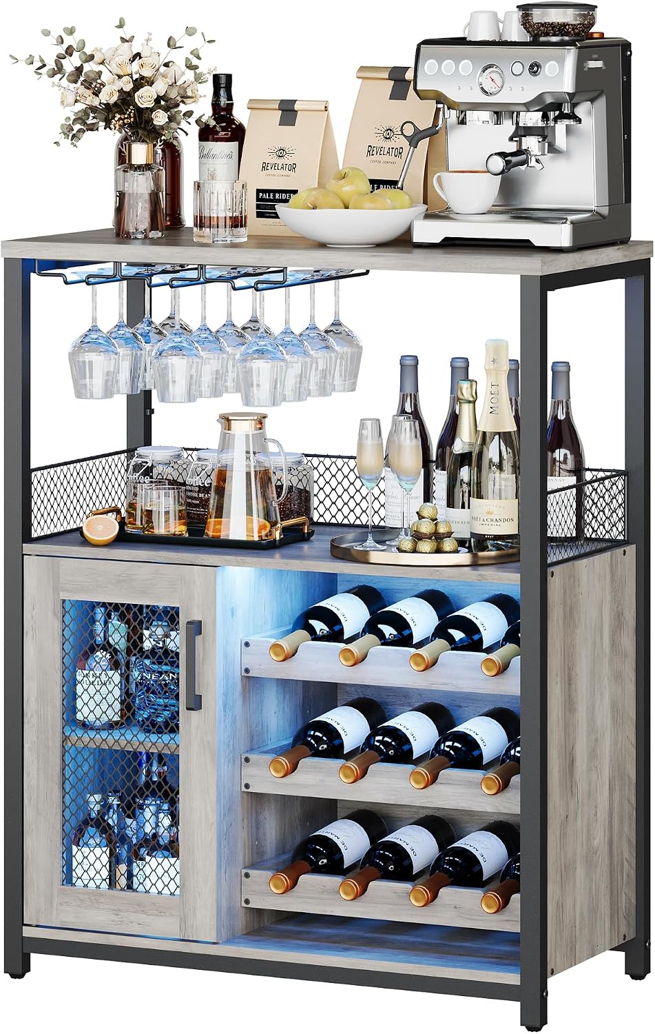 Jojoka 3 Tier Wine Bar Cabinet with LED Lights, Adjustable Storage, Liquor Rack, Glass Holder, Mesh Door, Multi Functional Coffee Bar Sideboard Buffet for Home, Dining Room