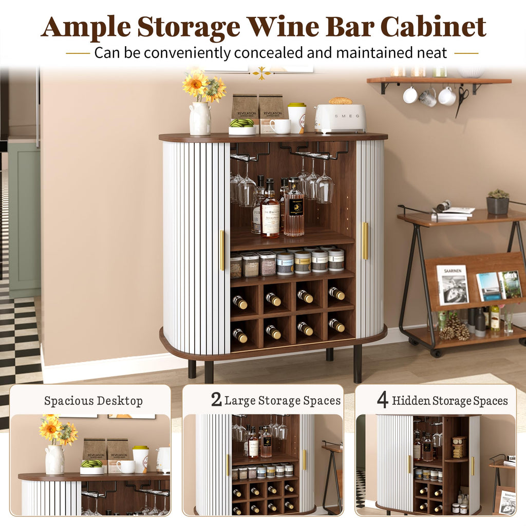 Natural Wine & Coffee Bar Cabinet with Gold Handle & Sliding Tambour Doors,Modern Curved Liquor Cabinet Coffee Station with 8*Wine Rack & 2*Glass Holders,5-Level Adjustable Shelf & Side Hidden Storage