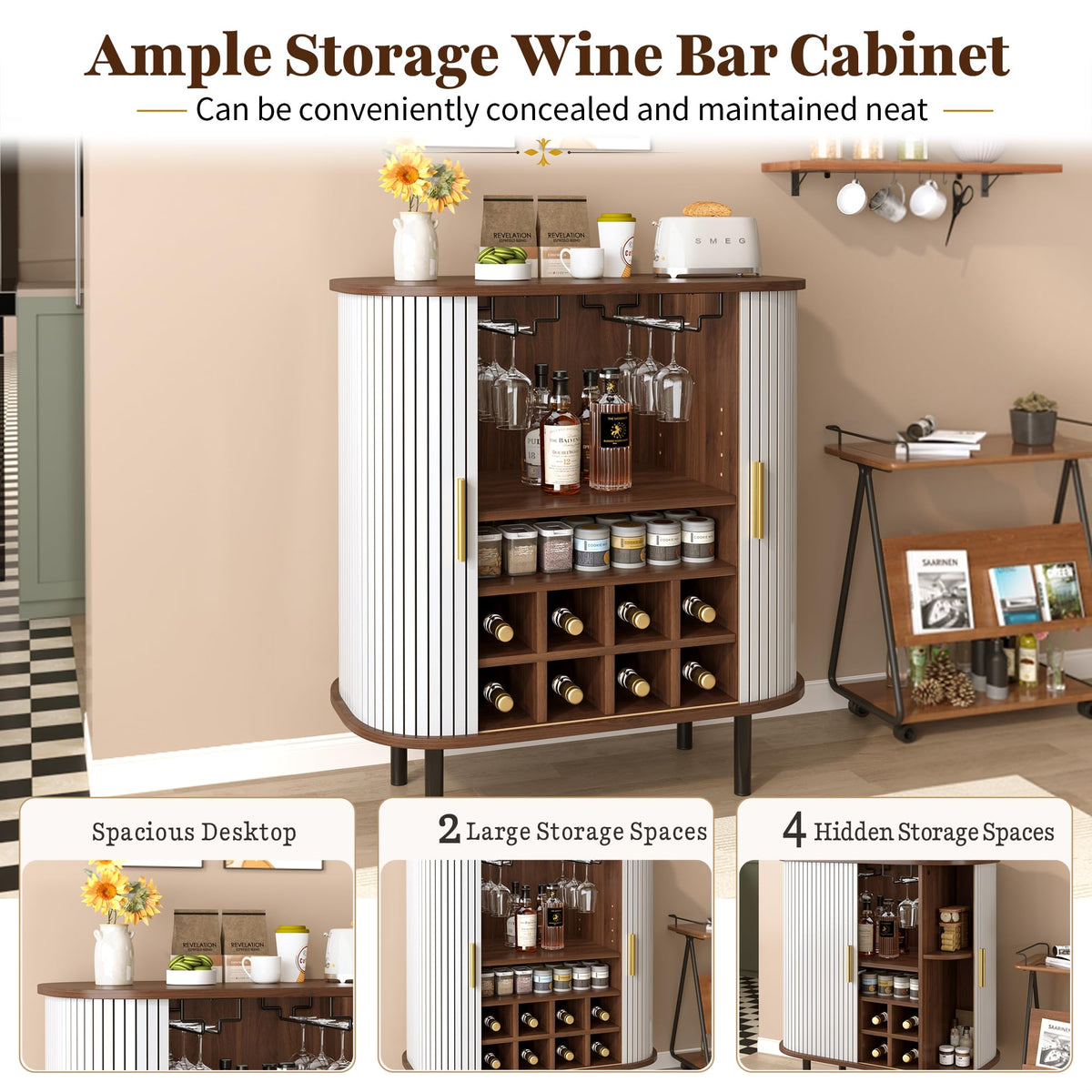 Natural Wine & Coffee Bar Cabinet with Gold Handle & Sliding Tambour Doors,Modern Curved Liquor Cabinet Coffee Station with 8*Wine Rack & 2*Glass Holders,5-Level Adjustable Shelf & Side Hidden Storage