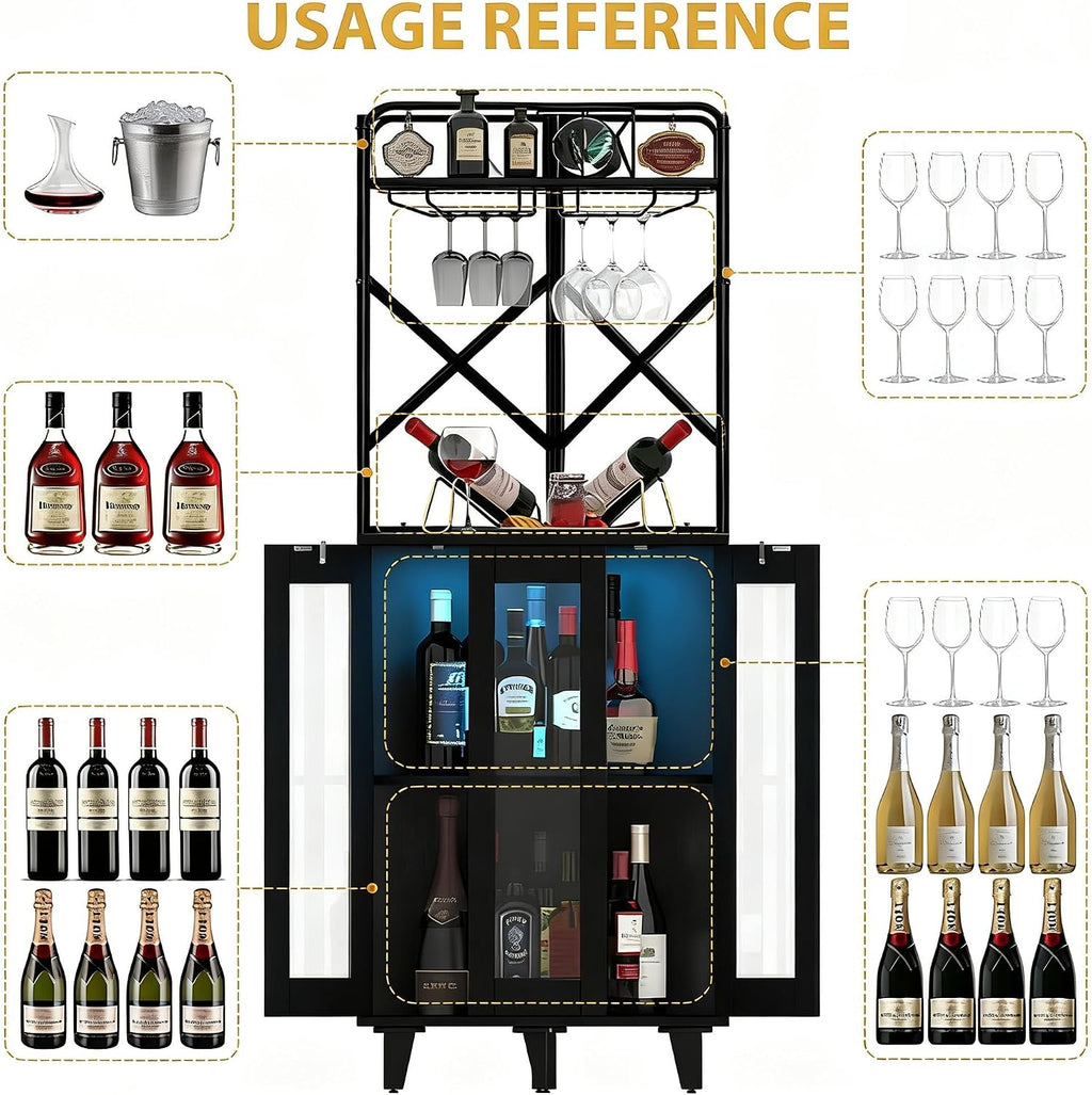 COCO DESIGN All Black Corner Wine Cabinet, Lockable Glass Door with Light