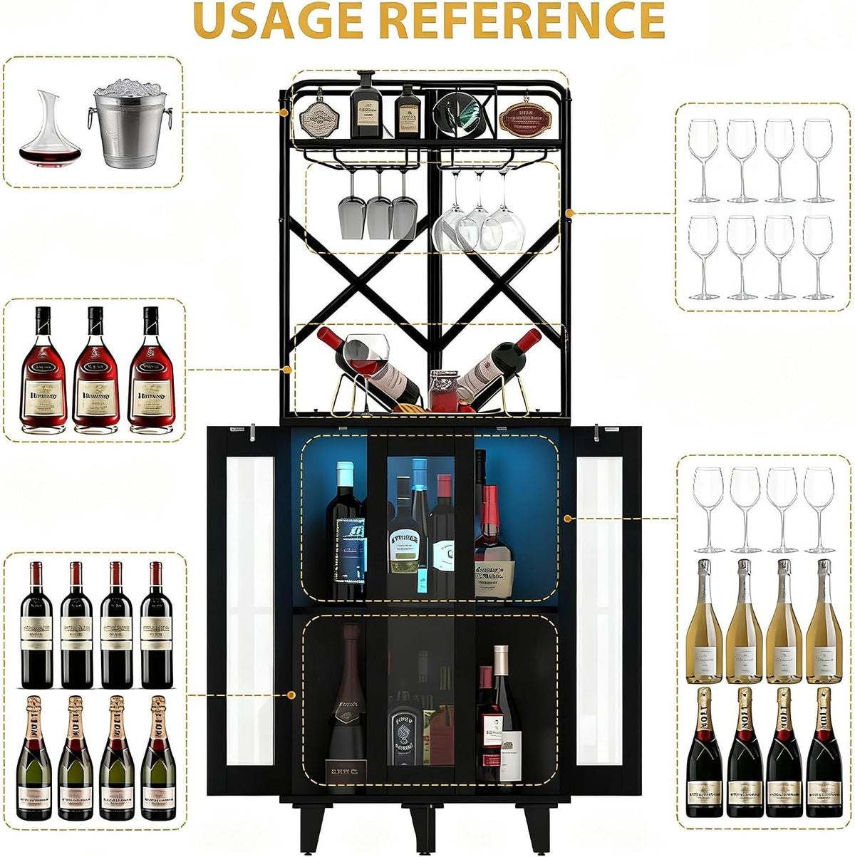 COCO DESIGN All Black Corner Wine Cabinet, Lockable Glass Door with Light