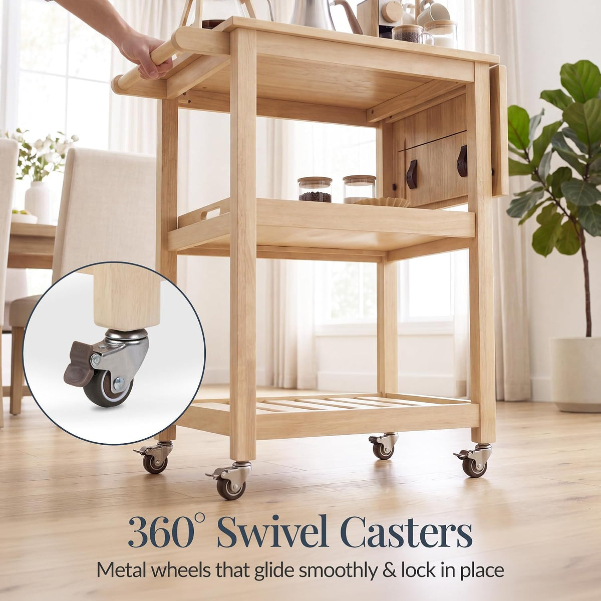 Best Choice Products Rolling Kitchen Island Cart W/Drop Leaf Extension, Solid Wood, Removable Tray, Storage Shelf, Towel Rack, Lockable Wheels, Space-Saving Coffee Cart, Microwave Stand