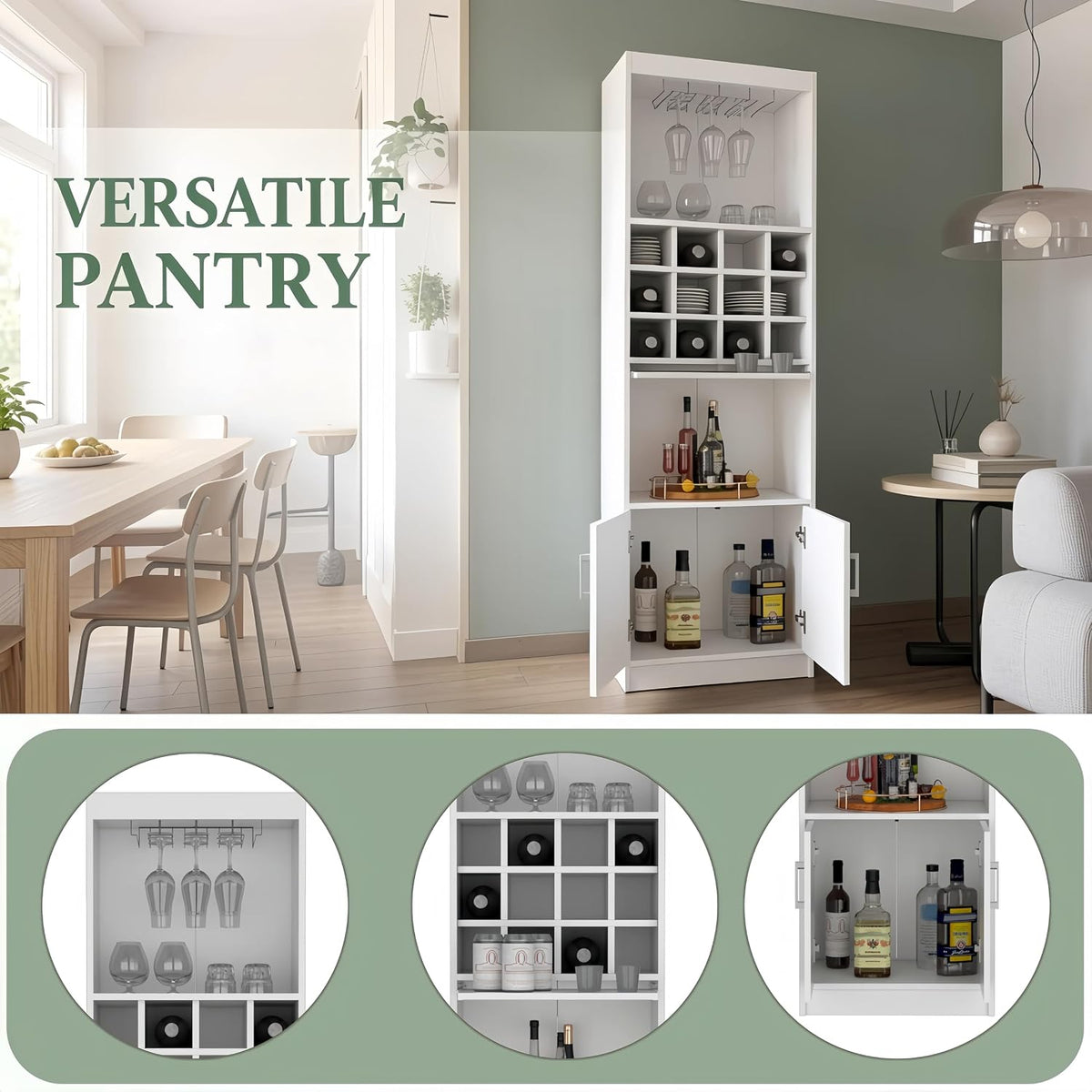 71" Modern Tall Bar Cabinet with 2 Doors Cabinet, 5-Tier Bistro Organizer with 12-Bottle Wine Rack & 12 Stemware Slots, Versatile Liquor Cabinets with Pull-Out Tray for Bar Kitchen Living Room,White