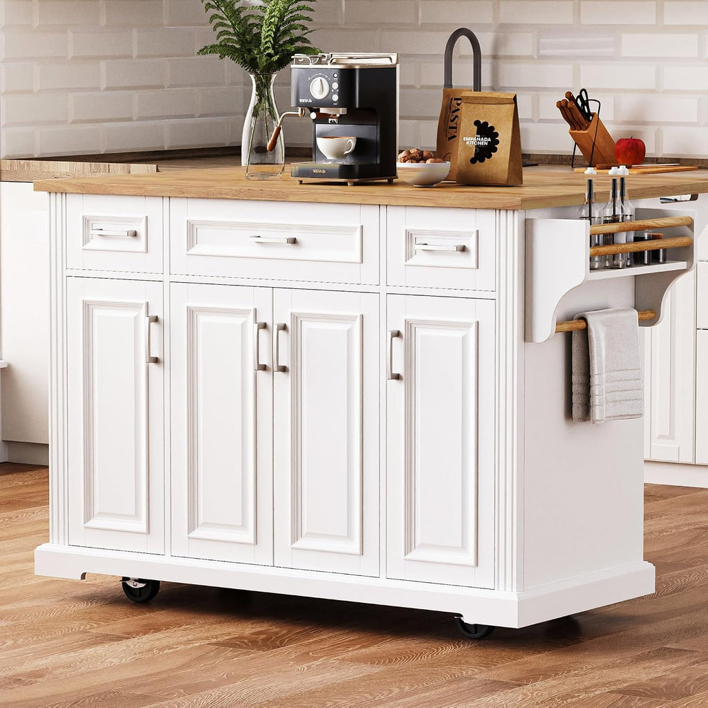 Large Kitchen Island with Rubber Wood Drop Leaf and Silver Handle