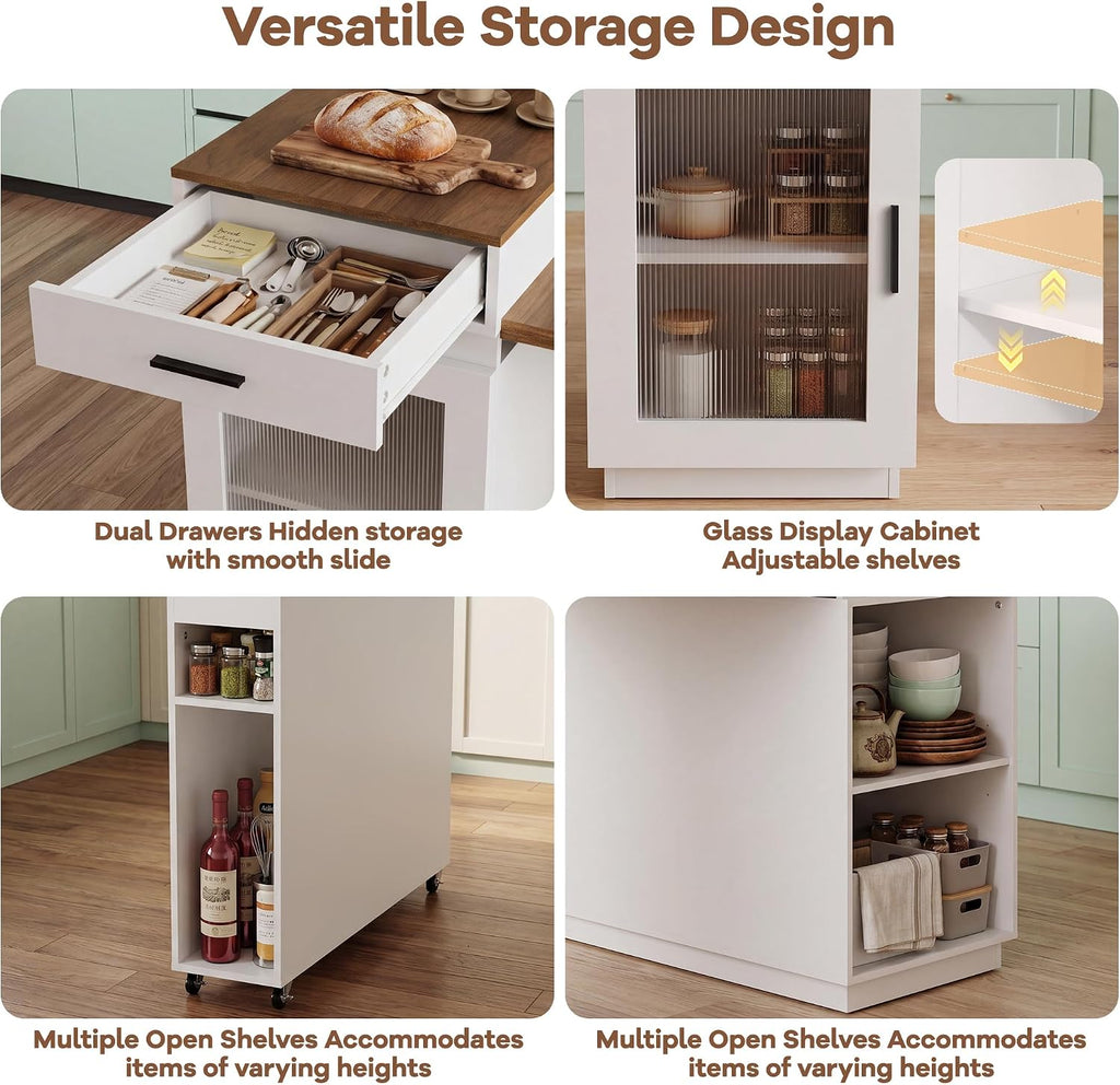 71''Kitchen Island with Extendable Dining Table for 2-4,Double-Side Storage