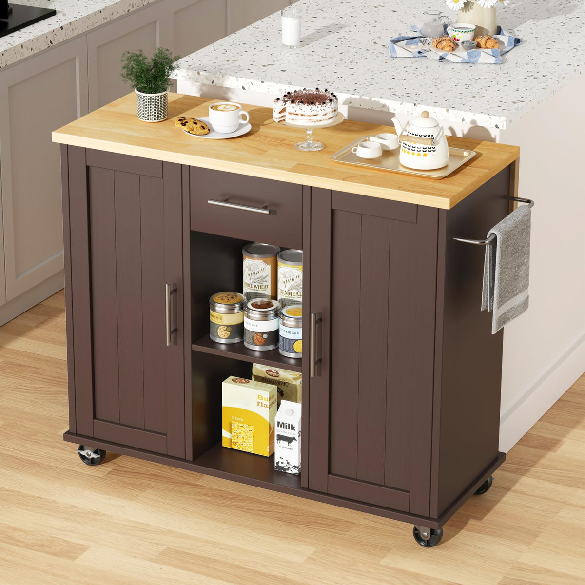 JY QAQA 42" Rolling Kitchen Island Cart with Storage, Drop Leaf Countertop, Drawers & Towel Rack, Mobile Kitchen Table on Wheels for Kitchen Dining Room, White