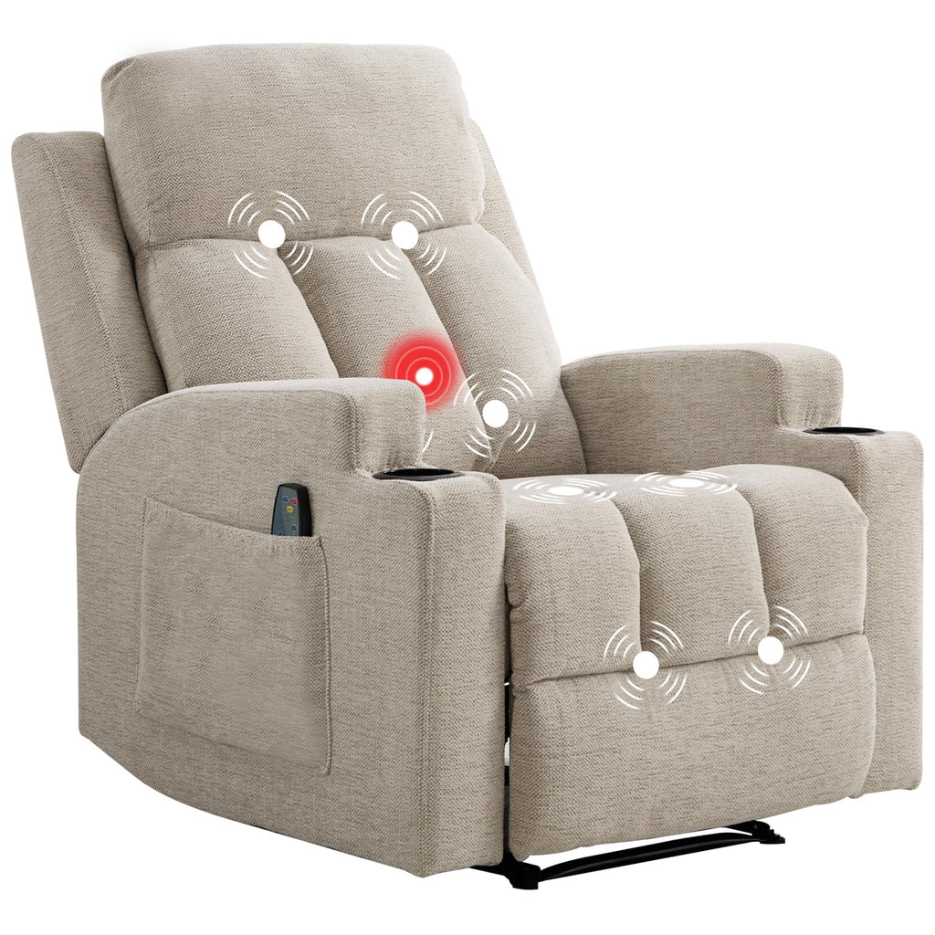 CANMOV Manual Recliner Chair with Massage and Heat, Soft Fabric Recliner Chair with Overstuffed Arm and Back, Manual Reclining Single Sofa with 2 Cup Holders, Side Pocket for Living Room, Dark Grey