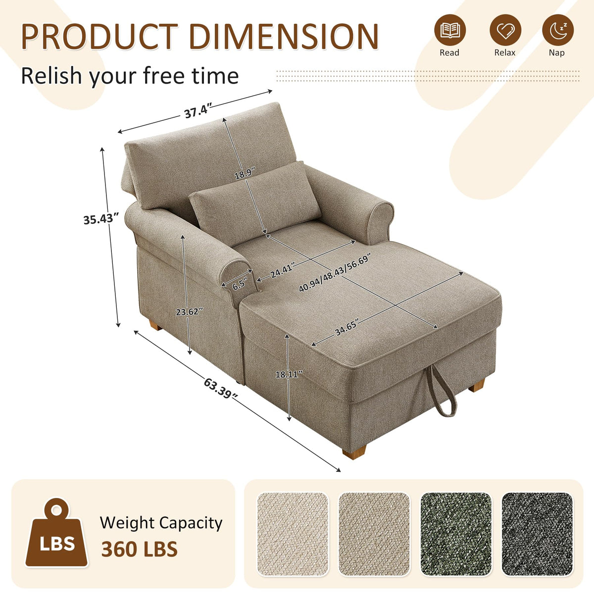 63.39" Oversized Chaise Lounge Chair with Storage, Chenille Beige