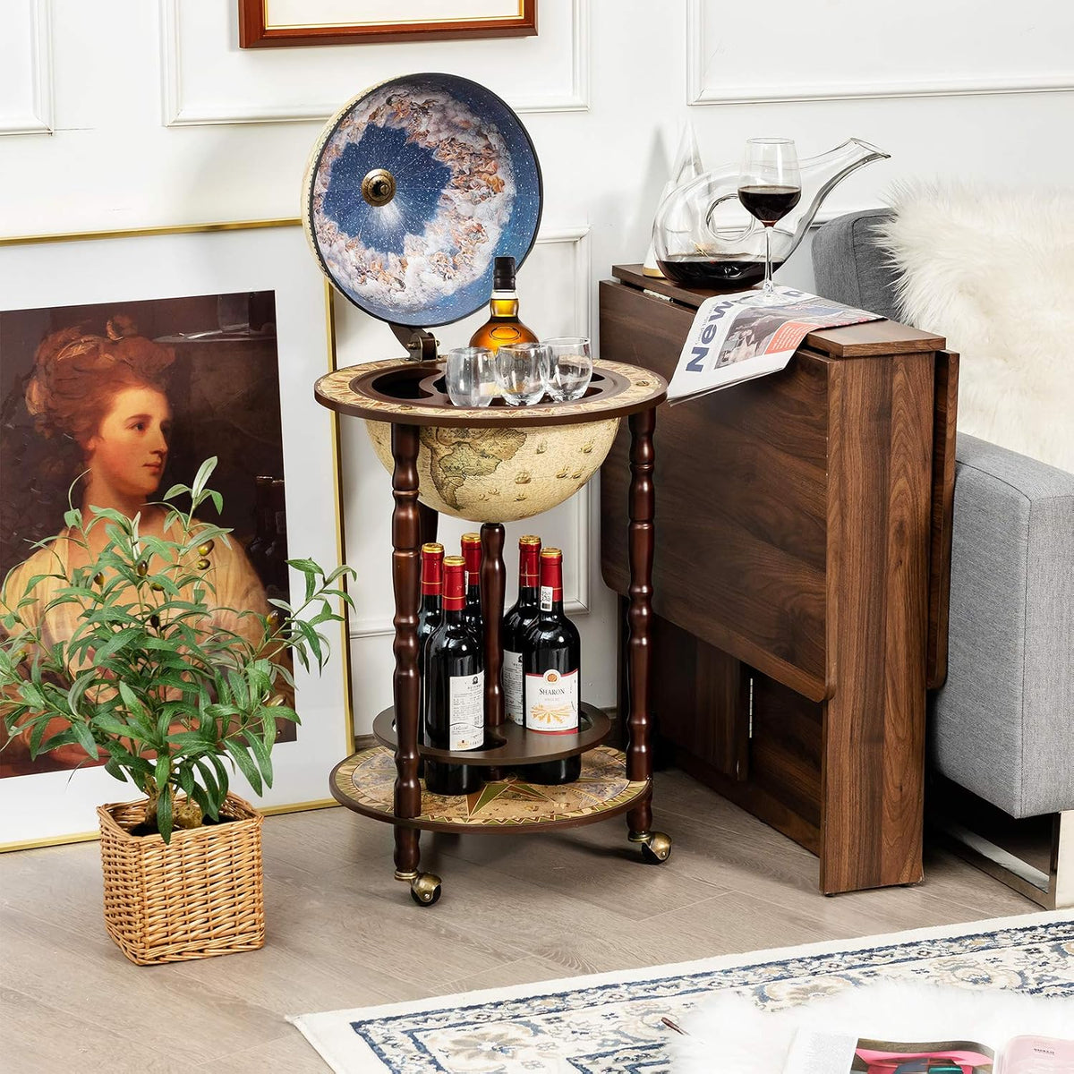 Goplus Globe Bar, 17.5â Globe Bar Liquor Cabinet with Wheels, Bottom Shelf, Old World Map, 16th Century Italian Replica Bar Globe, Retro Wine Stand, Globe Bar Cart for Dining Room Living Room Home