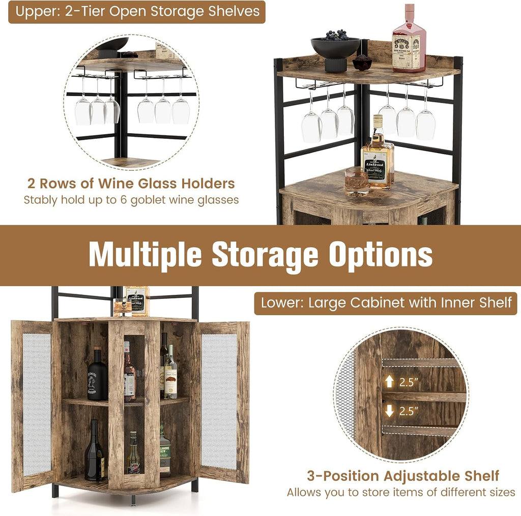 LOKO Corner Wine Bar Cabinet with Metal Mesh Doors, Glass Holder, Taupe