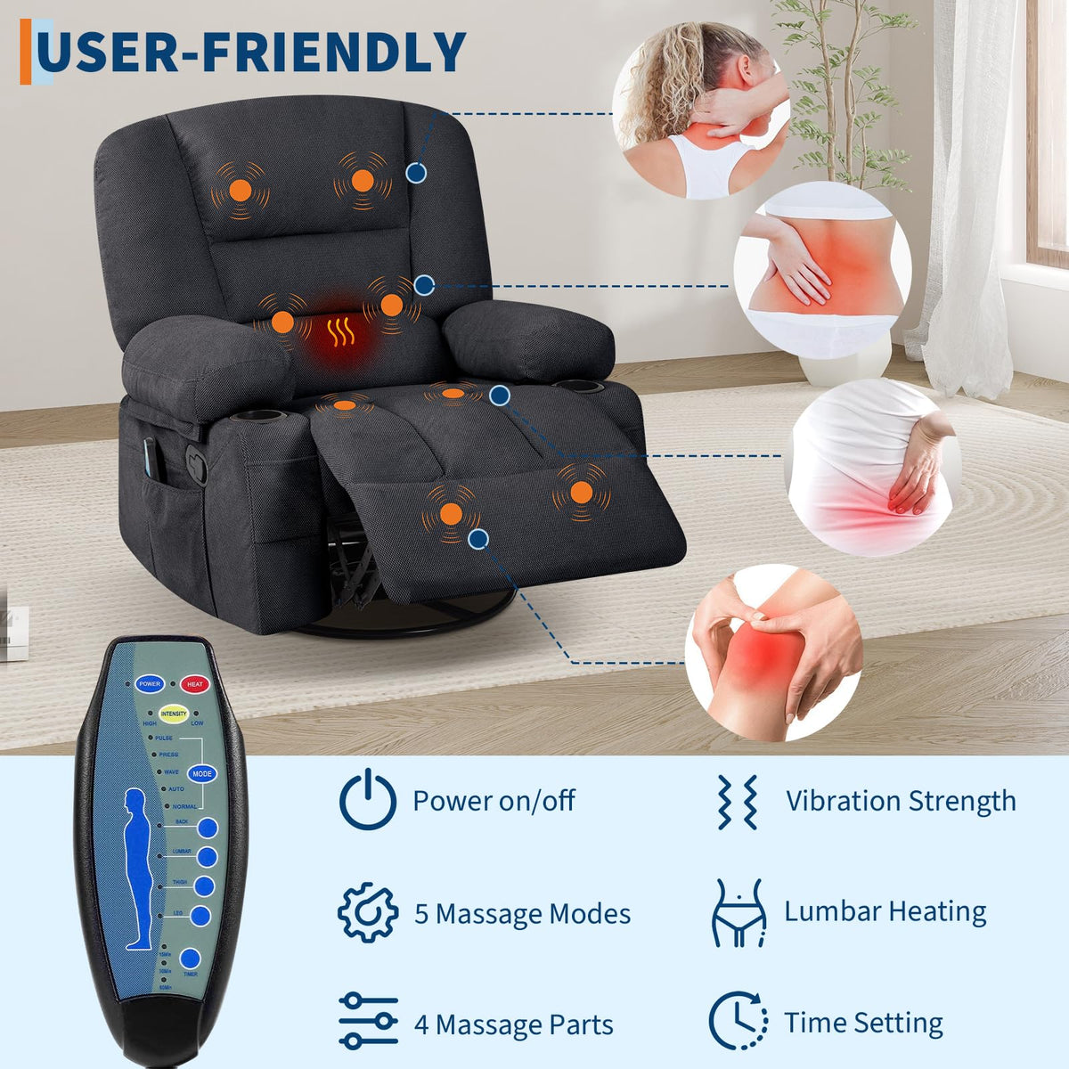 Garvee Oversized Recliner Chair,Extra Wide 360Â° Swivel Rocker Massage Heat