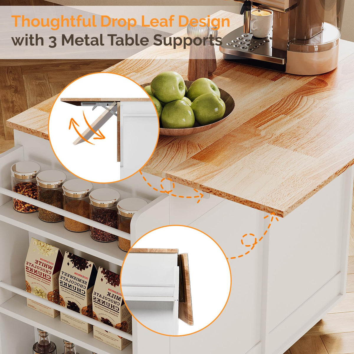 VINGLI Fluted Kitchen Island Cart with Drop-Leaf, 3 Drawers, White