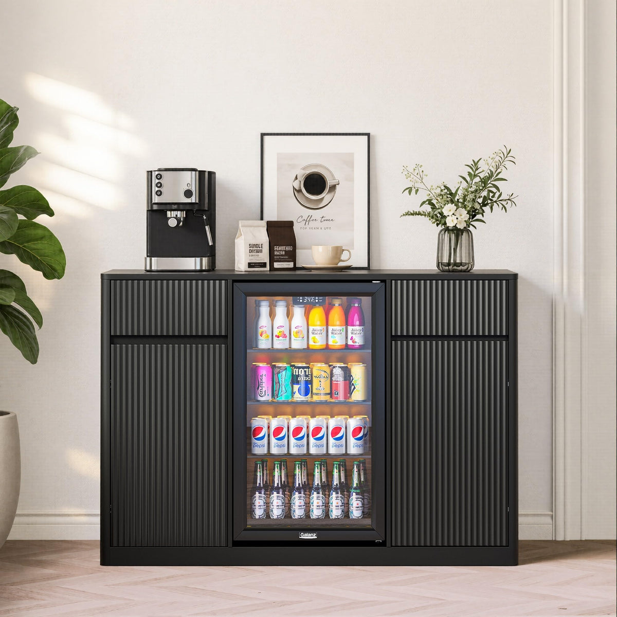 51" L Coffee Wine Bar Cabinet with Fridge Space, Charging Hub, Wine Rack