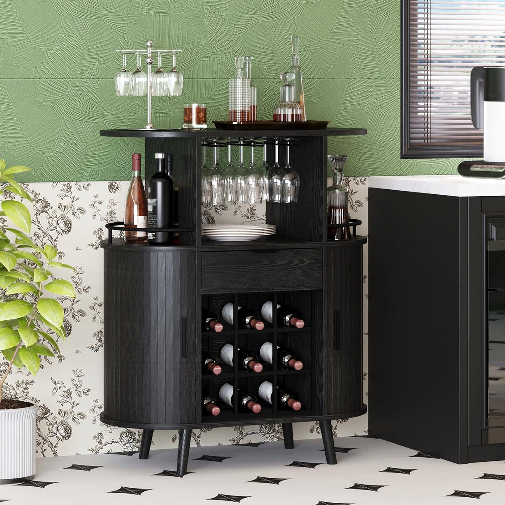 31.5" Black Bar Cabinet with Wine Rack & Sliding Door