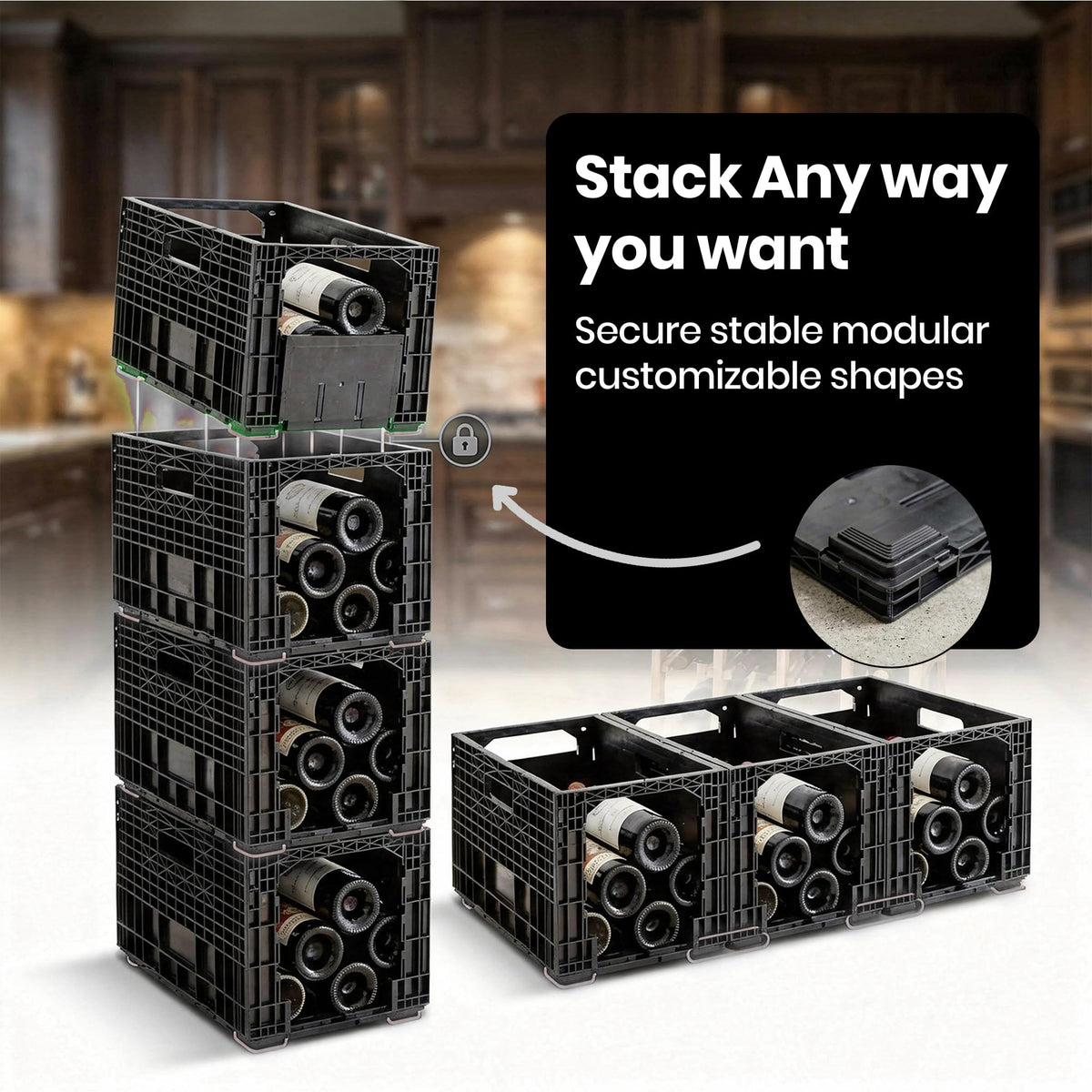 Stackable Wine Rack for Cabinet,12-Bottle Crate, Set of 6, Black