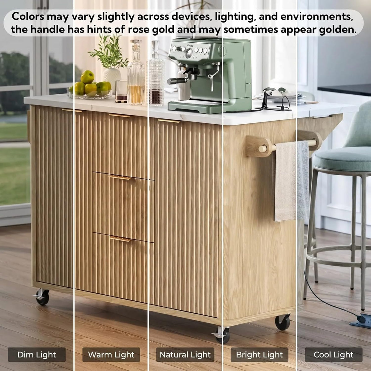 Large Fluted Kitchen Island Cart on Wheels with Storage, Natural