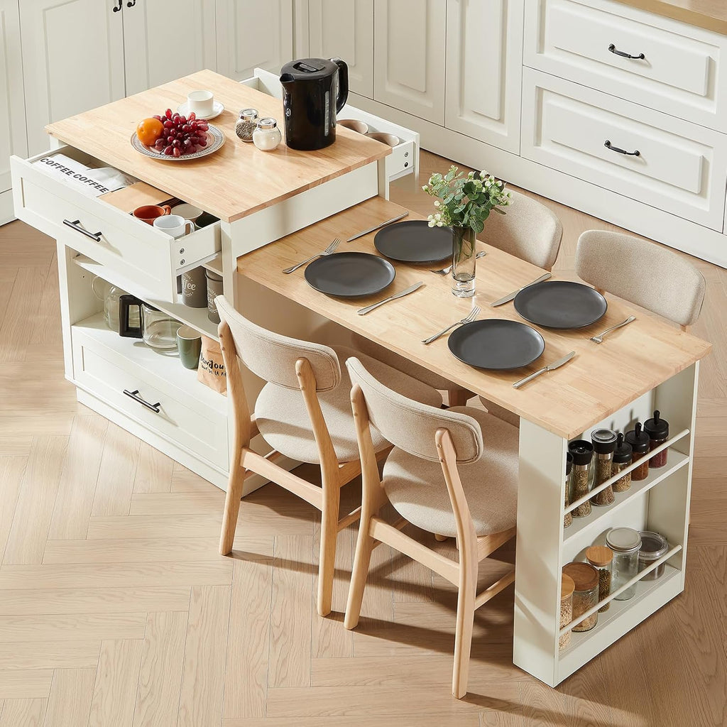 48"-76" Kitchen Islands with Extendable Dining Table, 2-4 People, White