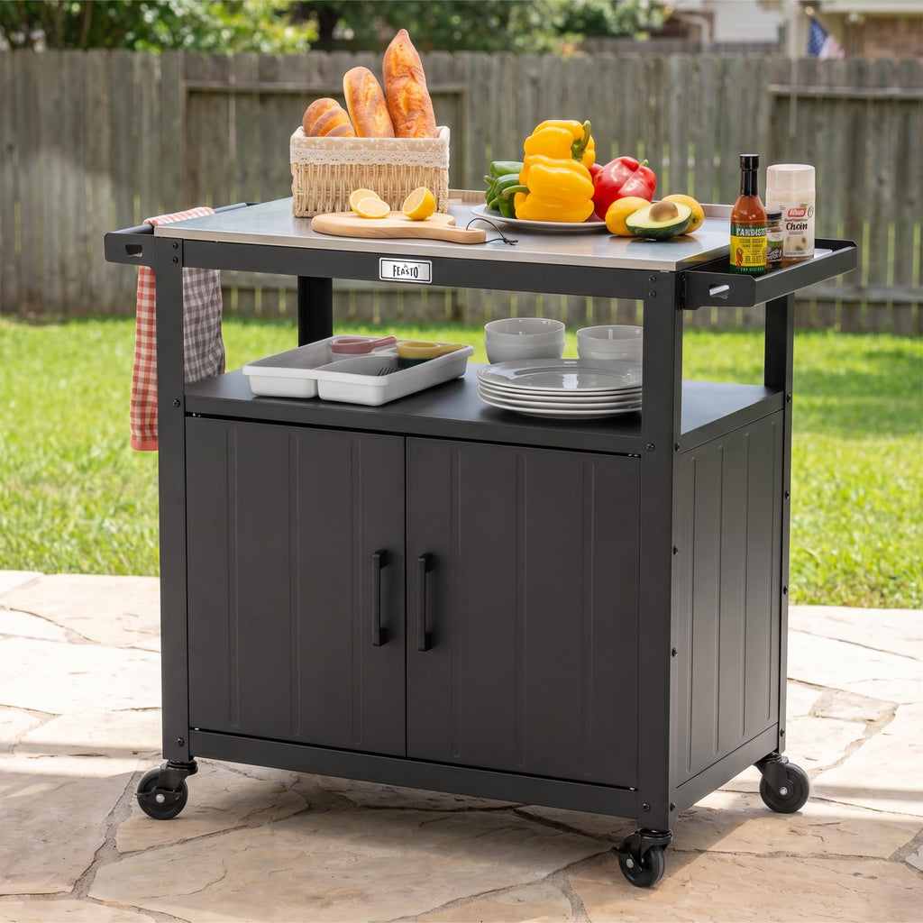 Feasto Outdoor Grill Cart w/Storage Cabinet, Stainless Steel Top, Brown