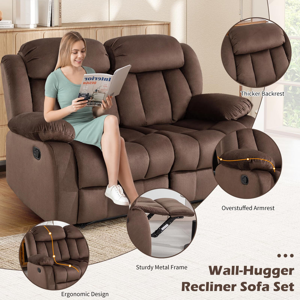 INZOY Manual Recliner Chair with Padded Armrest, Wall-Hugger Single Sofa Recliners with Overstuffed Back, Classical Fabric Reclining Chairs for Living Room Theater Seating, Brown
