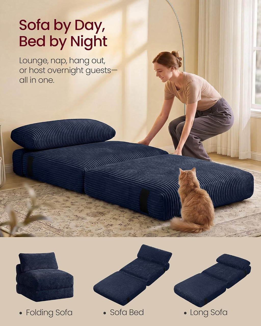 VASAGLE Folding Sofa Bed, Convertible Chair Bed with Pillow, Sleeper Chair