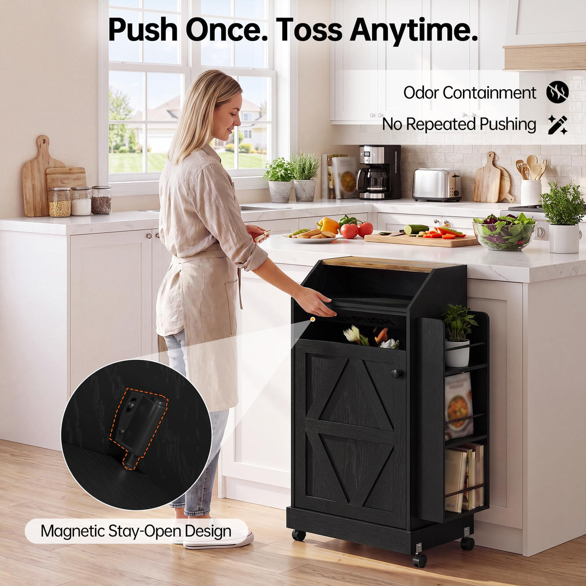 YESHOMY Kitchen Island on Wheels with Trash Cabinet, White & Brown