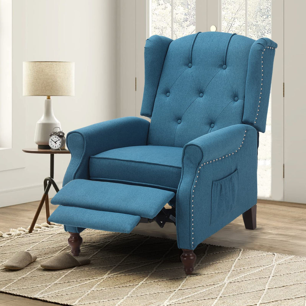 Wingback Recliner Chair - Tufted Arm Chair Recliner - Fabric Push Back Single Sofa for Living Room Adjustable Backrest (Blue Floral)