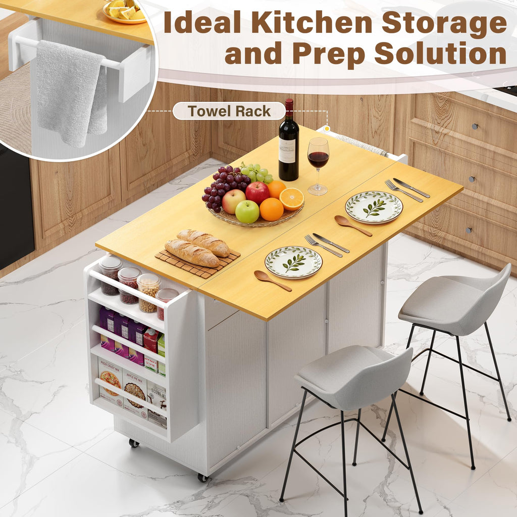 YESHOMY Kitchen Island on Wheels with Trash Cabinet, White & Brown