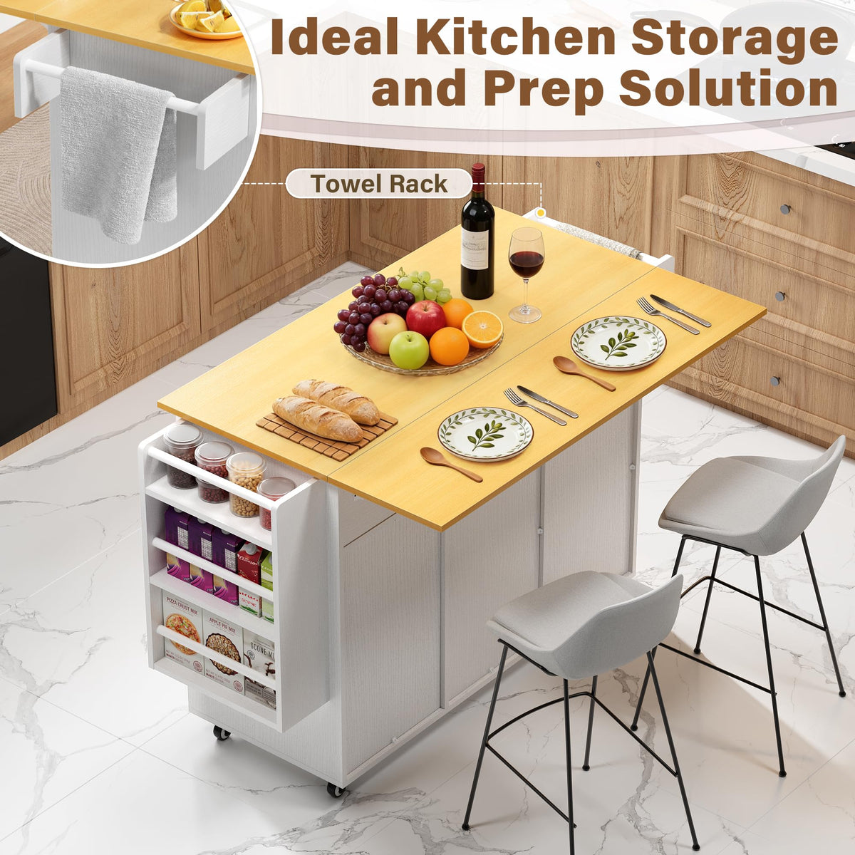 YESHOMY Kitchen Island on Wheels with Trash Cabinet, White & Brown
