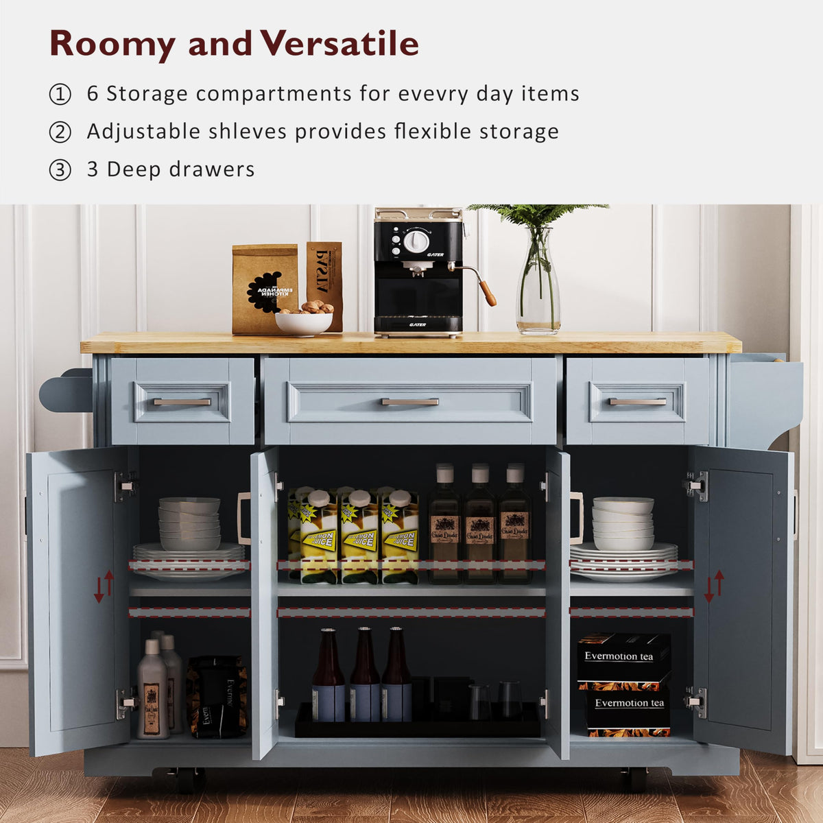53" Large Kitchen Island with Drop Leaf & Power Outlet, Rolling Kitchen Cart on 5 Wheels with Internal Door Storage Rack, 5 Open Side Racks, 3 Drawers, 2 Doors for Kitchen Dining Room